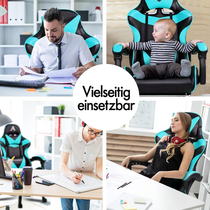 Ігрове масажне крісло ALFORDSON, нахил 150, ергономічне крісло керівника, шкіра синтетична з підставкою для ніг, регулювання висоти, спортивне крісло, вантажопідйомність 180 кг, блакитний Vogler - серія Cyan Vogler