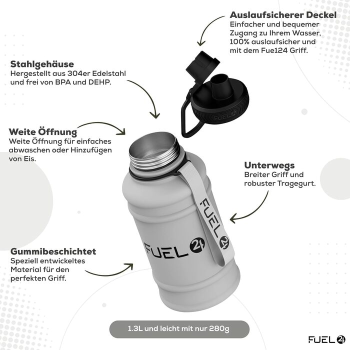 Надзвичайно міцна пляшка для води з нержавіючої сталі 1,3 л та 2,2 л - Герметична пляшка для води без бісфенолу А - Міцна металева питна пляшка для спортзалу, спортивний глечик для води для дорослих 1300 мл сірого кольору