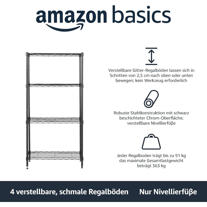 Вузька шафа для зберігання Storeo Basics з 4 полицями, регульованими по висоті полицями та ніжками, максимальна вага 363 кг, чорна, 34 см x 58,9 см x 121,9 см (Г x Ш x В) 4 полиці чорного кольору 34 Д x 58,9 Ш x 121,9 см