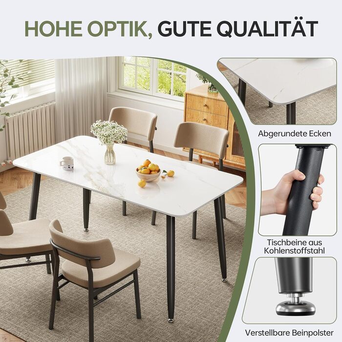 Обідній стіл ZL ZELing зі стільницею зі спеченого каменю під мармур та металевими ніжками, білий прямокутний кухонний та обідній стіл, 140 x 70 см, колір Нефритовий білий