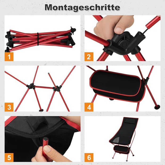 Складаний кемпінговий стілець eSituro, легкий складний стілець, рибальський стілець з сумкою для перенесення, складний стілець з високою спинкою, відкритий пляжний кемпінговий стілець, для риболовлі, пікніків, походів, 1 чорний червоний