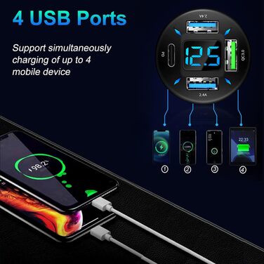 Портовий USB C Автомобільний зарядний пристрій Адаптер прикурювача, 50 Вт QC3.0, Швидкий зарядний пристрій PD зі світлодіодним вольтметром Розєм USB 12 В Сумісний з iPhone, Android, Samsung, планшетами та іншими смартфонами, 4-