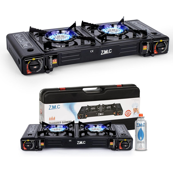 Газова плита для кемпінгу ZMC, 2 конфорки, 2,5 кВт, включаючи адаптер для підключення зрідженого газу та футляр для зберігання. Комплект кемпінгової плити з газовими картриджами та грильною пластиною (можна вибрати), з п&39єзорозпалом, для використання на