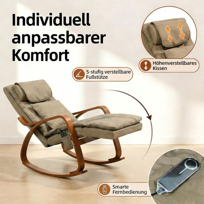 Масажне крісло-гойдалка, крісло-реклайнер, крісло для телевізора з 3-зонним масажем, масажне крісло з функцією підігріву, регульований підголівник та підставка для ніг, знімний чохол, вантажопідйомність 150 кг, світло-коричневий колір