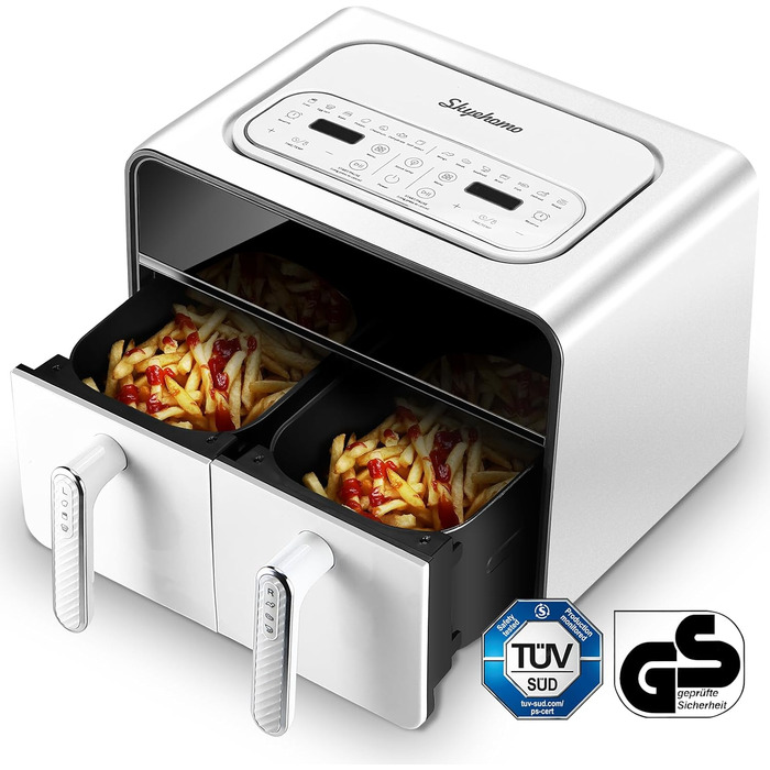 Двокамерна фритюрниця Skyehomo 2100 Вт, цифрова фритюрниця з подвійним кошиком із прозорим вікном, програми 14 в 1 і світлодіодний сенсорний екран, двокамерна фритюрниця без бісфенолу А майже без олії, резерв 24 години