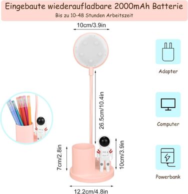 Тримач для ручки 2-в-1 і дитяча настільна лампа, настільна лампа Beamer, світлодіодна навчальна лампа з регулюванням яскравості та проекцією, захист очей 3700K Акумуляторна гнучка гусяча шия на 360 для хлопчиків і дівчаток (рожева)