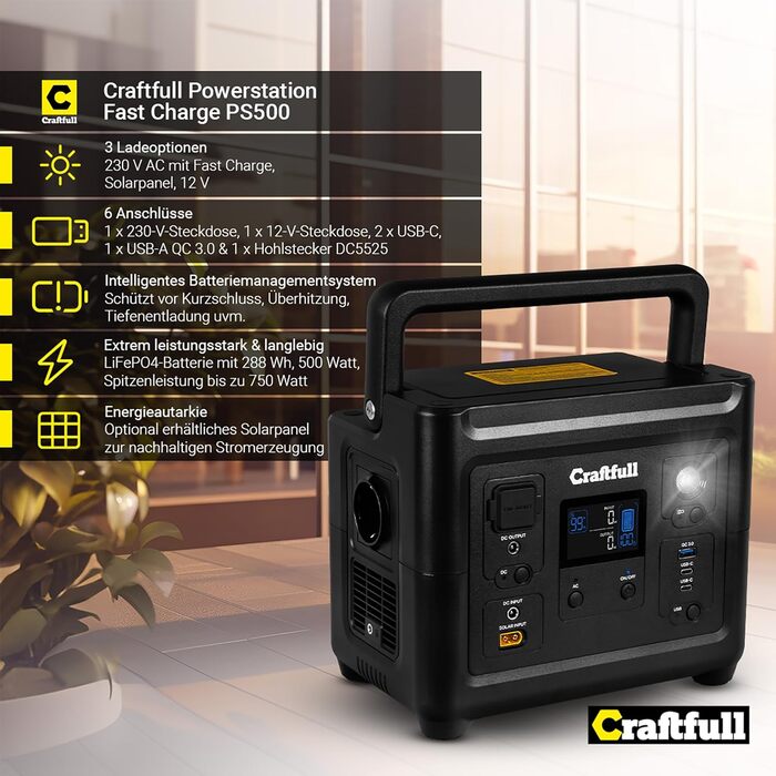 ЗВЕЛИКІ ЄМНОСТІ - 750 Вт - Літій-літій-літій-полімерний акумулятор - 80 після &gt 2000 циклів зарядки - SOS - USB-C/USB-A/автомобільний/Schuko штекер (0 ПДВ, 500 Вт), 500 3