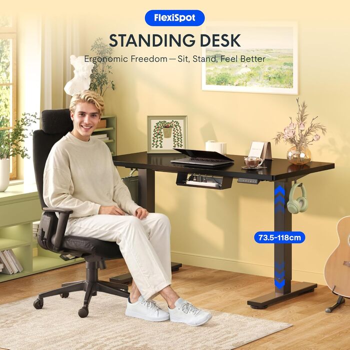 Стіл FlexiSpot з регульованою висотою Basic з організацією кабелів, гачками та цільною стільницею, ергономічний стіл для домашнього офісу, офісний стіл (100x60 см, клен) 100 x 60 см клен біла рама