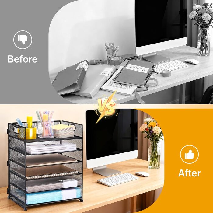 Металевий настільний органайзер, 6 відділень для листів та документів (A4), чорний, металевий настільний органайзер з ручкою, органайзер для шухляд 32x23x40 см, офісне приладдя для паперу A4, книг, журналів