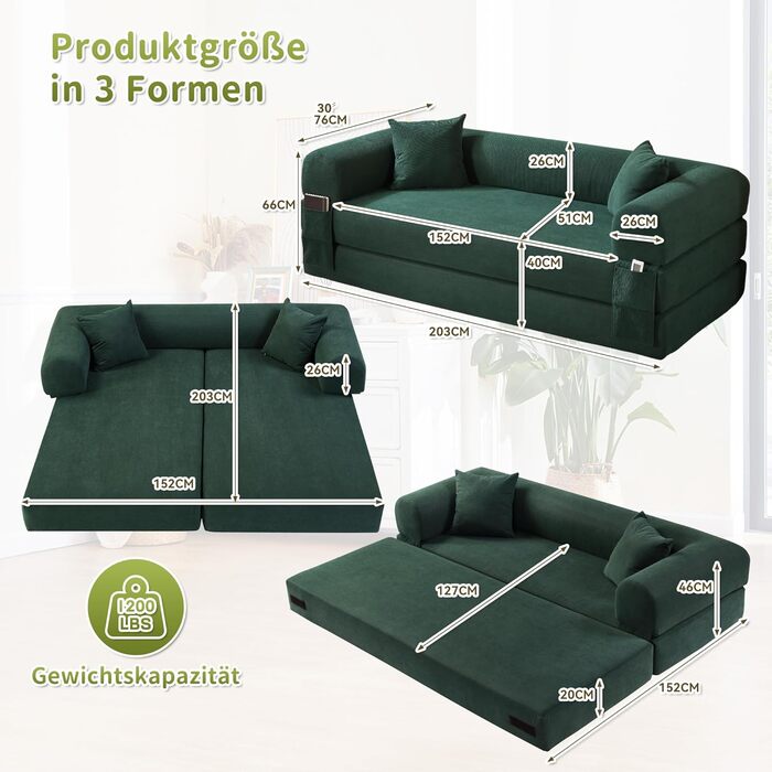 Диван BMMB з функцією сну, 203 см 3-місний диван без кісток, розкладний диван-ліжко з 2 подушками, сучасний розкладний диван-ліжко для вітальні/спальні (темно-зелений, 8025) Темно-зелений 8025