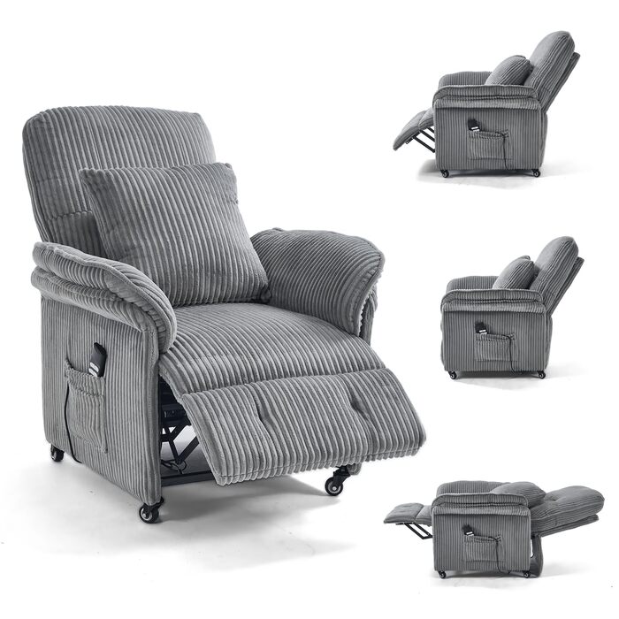 Моторне електричне крісло-реклайнер, крісло для телевізора з функцією відкидання, крісло для телевізора у вітальні з колесами, регульована спинка та підставка для ніг, 2 бічні кишені, вельветовий диван, світло-сірий, 2-