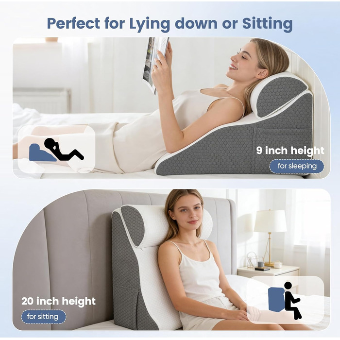 Подушка для читання для ліжка та дивана, ергономічна подушка для спини, регульована клиноподібна подушка з піною з ефектом пам&39яті для підтримки спини під час відпочинку, гри, читання або перегляду телевізора