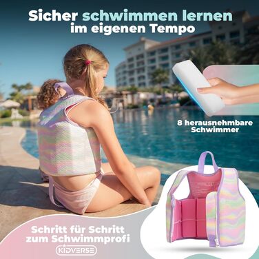 Дитячий рятувальний жилет KIDVERSE - Зручний засіб для плавання для дітей - Безпечне навчання плаванню для хлопчиків та дівчаток - Дитячий рятувальний жилет - Розмір S (15-19 кг) та Розмір M (19-30 кг) Фіолетова Русалка M