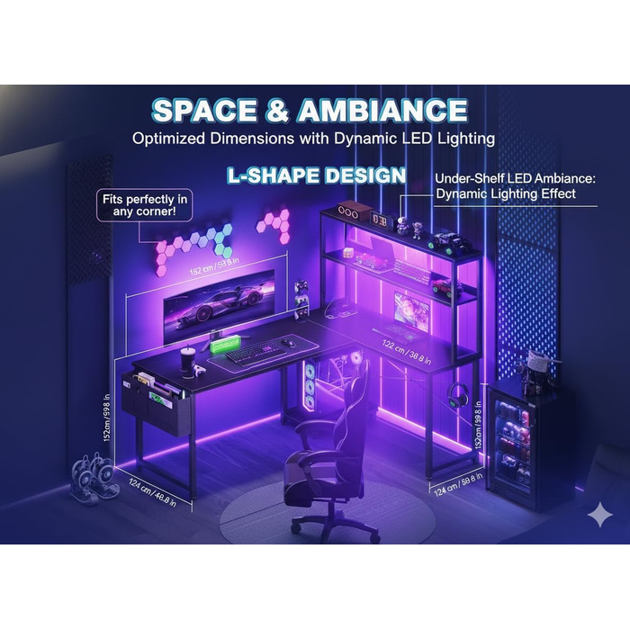Г-подібний кутовий стіл Garvee, чорний зі світлодіодним освітленням та відсіком, ігровий стіл з підставкою для монітора та бічною кишенею, сучасний комп&39ютерний стіл для домашнього офісу, міцний стіл з полицею, 124x92 см