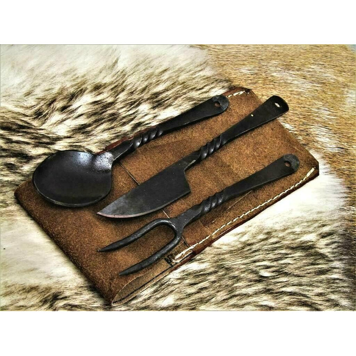 Середньовічний набір столових приборів, кована сталь ручної роботи, ніж, виделка, ложка 4261