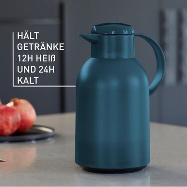 Ізольований глечик Emsa Samba, місткість 1,5 літра, застібка Quick Press, 100 герметичний, зберігає напої гарячими протягом 12 годин і холодними протягом 24 годин, зі скляною підкладкою, зроблено в Німеччині, напівпрозорий/океанський блакитний, N4012000 1