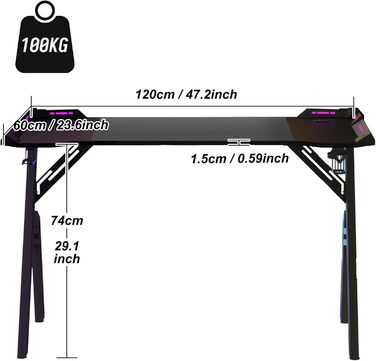 Ігровий стіл AufuN зі світлодіодним освітленням, комп&39ютерний стіл, ігровий стіл 120 x 60 см, міцний ПК-стіл з вуглецевим волокнистим покриттям, ергономічний ігровий стіл з гачком для навушників та підставкою для чашок, чорний 120x60 см