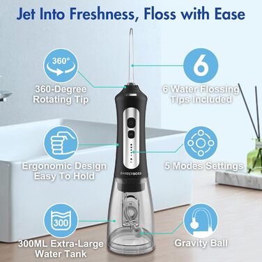 Портативний іригатор для ротової порожнини, USB-перезаряджуваний, з 5 рівнями тиску, 6 насадками, резервуаром на 300 мл, водонепроникний та бездротовий, для домашнього використання та подорожей