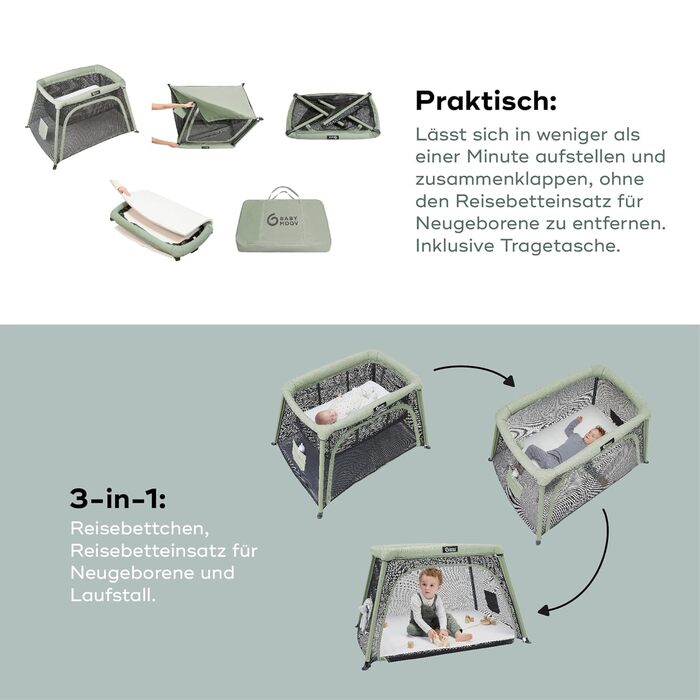 Дорожнє ліжечко Babymoov Moov & Comfy 3-в-1 для немовлят та малюків - до 20 кг, з двома рівнями, приліжкове ліжечко для новонароджених