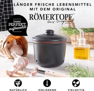 Літра - Керамічний горщик для часнику - Дихаюча глина довше зберігає овочі свіжими - Ідеальна циркуляція повітря - Чорний, 0,6