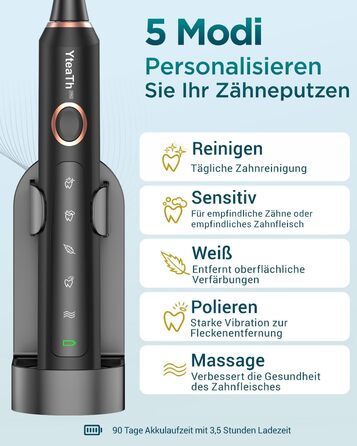 Електрична зубна щітка для дорослих і дітей звукова щітка з 8 насадками (3 типи), 90 днів роботи від акумулятора, 5 режимів, 50000 обертів на хвилину, дорожній футляр, таймер, чорний колір