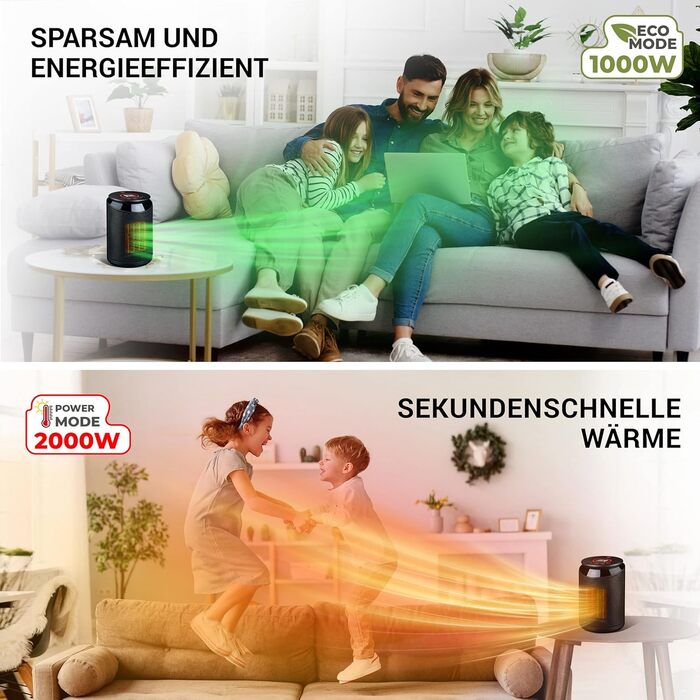 Керамічний тепловентилятор енергозберігаючий безшумний - вкл. додаток та WiFi, пульт дистанційного керування 2000 Вт Електричний,