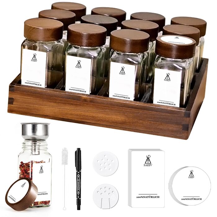 Екологічна підставка для спецій з деревини акації з 12 відділеннями Органайзер для 12 банок для спецій об&39ємом 120 мл Підставка для спецій з банками, 90 німецьких етикеток для спецій Постійна підставка для спецій Темно-червонувато-коричневий органайзер 