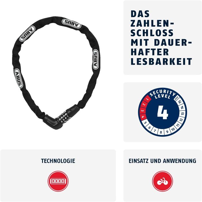 Ланцюговий замок ABUS Steel-O-Chain 5805C кодовий замок виготовлений зі сталевого ланцюга товщиною 5 мм рівень безпеки ABUS 4, чорний, 75 см, одинарний