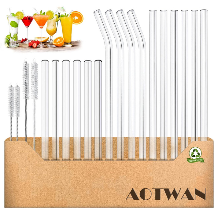 Скляні соломинки AOTWAN багаторазові 20 шт. скляних соломинок, 6 коротких 6 довгих прямих скляних соломинок, 4 вигнуті скляні соло