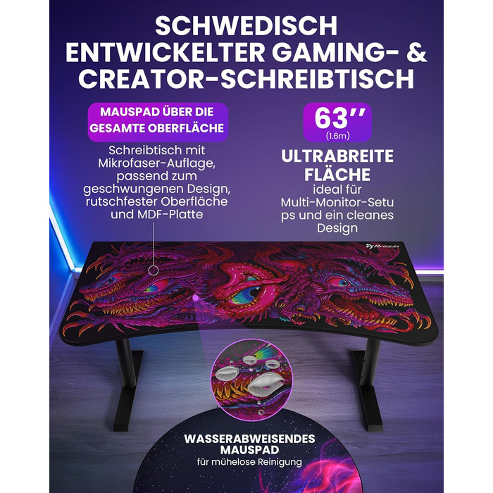 Надширокий вигнутий ігровий та офісний стіл Arozzi Arena з водовідштовхувальним килимком на всю поверхню, вирізами для організації кабелів та сіткою (Crawling Chaos)