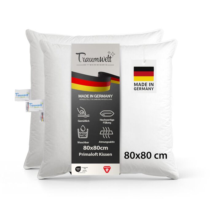 Подушка, виготовлена в Німеччині, 80x80 см, з наповнювачем з органічного мікрофібри Primaloft, білого кольору, вага наповнювача 1500 г. Підходить для алергіків, сертифікована Oeko-Tex Standard 100, біорозкладна, кліматично нейтральна (2 шт.) 80 x 80 см 2