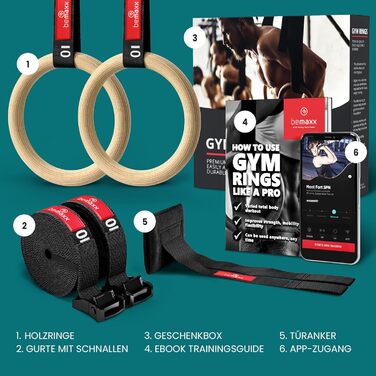 Гімнастичні кільця BeMaxx Дерев'яні гімнастичні кільця дверні якорі та тренувальна електронна книга Олімпійська гімнастика Дерев'я