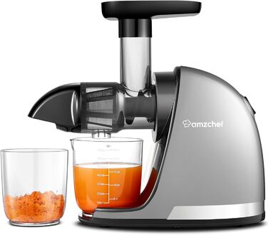 Переможець тесту овочів та фруктів AMZCHEF Juicer - Соковижималка Slow Juicer з функцією зворотного жування - Ніжне подрібнення без фільтрації - Електрична соковижималка зі щіткою та 2 чашками - Срібло