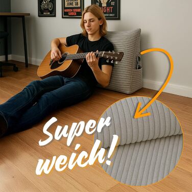 Клиноподібна подушка, подушка для спини, вельветова подушка, ширина 70 см - подушка для читання для ліжка, дивана та кушетки, велика подушка для дивана, настінна подушка, подушка для дивана, подушка для читання, опорна подушка для спинки, світло-сіра, шир