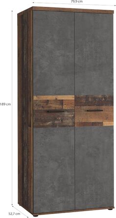 Гардероб Forte Winnie 80, рустикальна шафа з орними дверима, 2-дверна, полиці, простора, декор Old Wood Vintage під дерево/імітація бетону темно-сірий, 79,9 см завширшки x 189 см заввишки x 53,7 см темно-коричневий/сірий