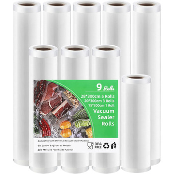 Вакуумний пакувальник Tallgoo Bag 9 рулонів вакуумної плівки для упаковки, вакуумний пакет для їжі, міцний і стійкий до розриву, без BPA, термозбіжна плівка для вакуумного пакувальника для всіх вакуумних пакувальників, киплячий і су-від, 15/20/28 x 300 см