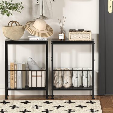 Вузький приставний столик, тонкий приставний столик з полицею для журналів, 2 полиці, вузька тумбочка біля ліжка, маленький журнальний столик для вітальні, спальні, кабінету, 20 x 43 x 58 см (Чорний)