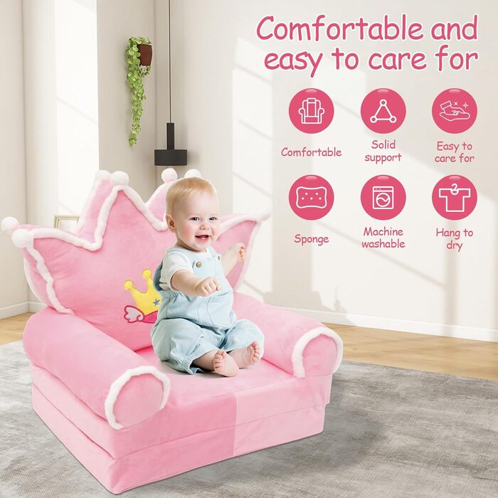 Дитяче крісло, зручний дитячий диван-ліжко, розкладний диванчик для малюків, легке дитяче крісло-шезлонг, портативний диванчик для дітей віком від 1 до 4 років (рожева хутряна корона з кульок)