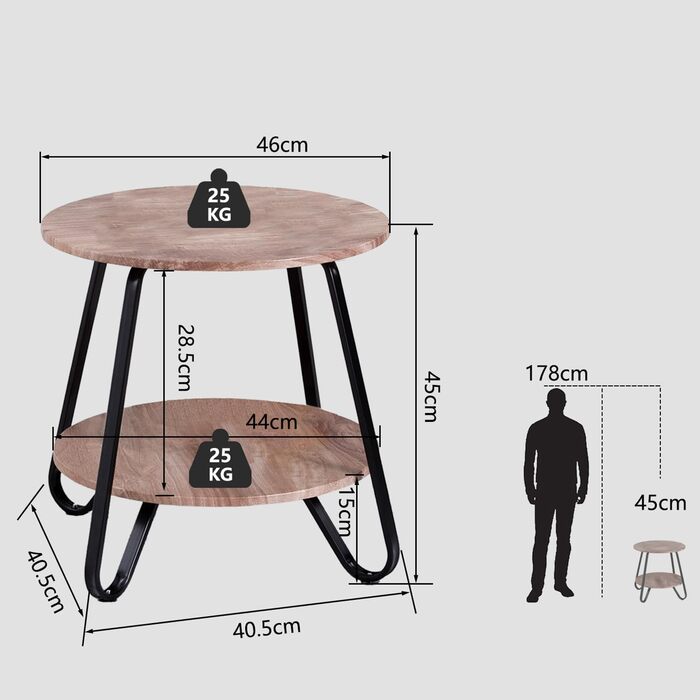 Приставний столик Журнальний столик Кругла тумбочка Журнальний столик Диван-столик з полицею для вітальні Спальні, промисловий дизайн, металевий каркас, дуб, дерево, 46x46x45 см