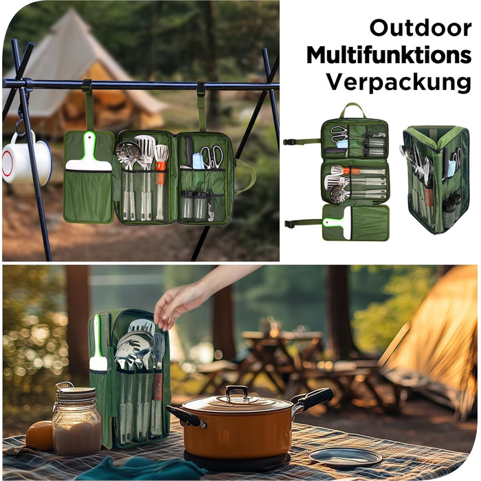 Набір похідного посуду E EASTSTORM з водонепроникною сумкою для кемпінгу, туризму та альпінізму, компактний та портативний, темно-зелений