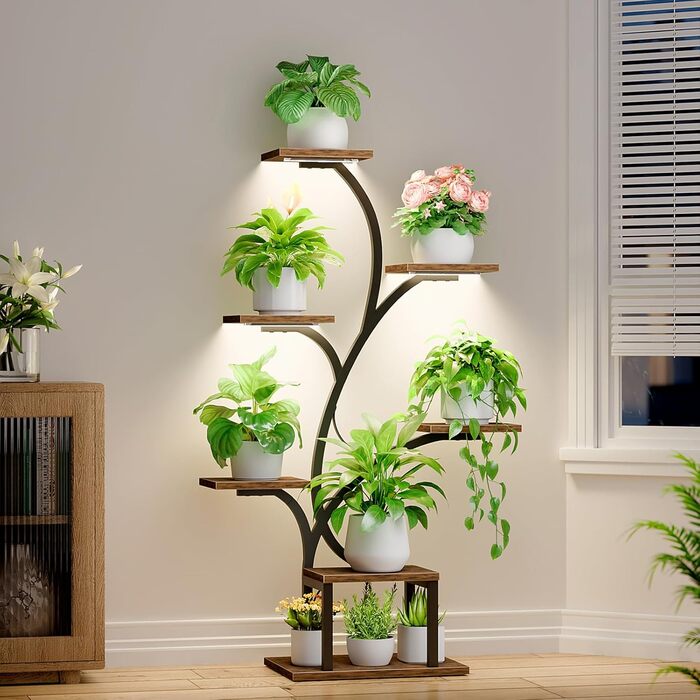 Кімнатна підставка для рослин з лампами для вирощування, 7-рівнева полиця для кімнатних рослин, 124,5 см, кутова підставка для кімнатних рослин, металева полиця, дерево коричневого чорного кольорів