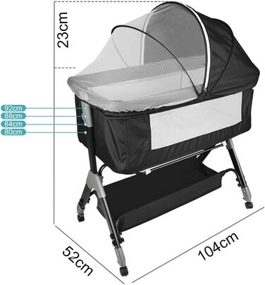Дитяче ліжечко 3-в-1, дитяча колиска та дорожнє ліжечко, 4-рівневе регулювання висоти дитячого ліжечка, відкидне крісло, ліжечко, колиска для дітей вагою до 25 кг - 104 x 52 x 100-110 см - чорний колір