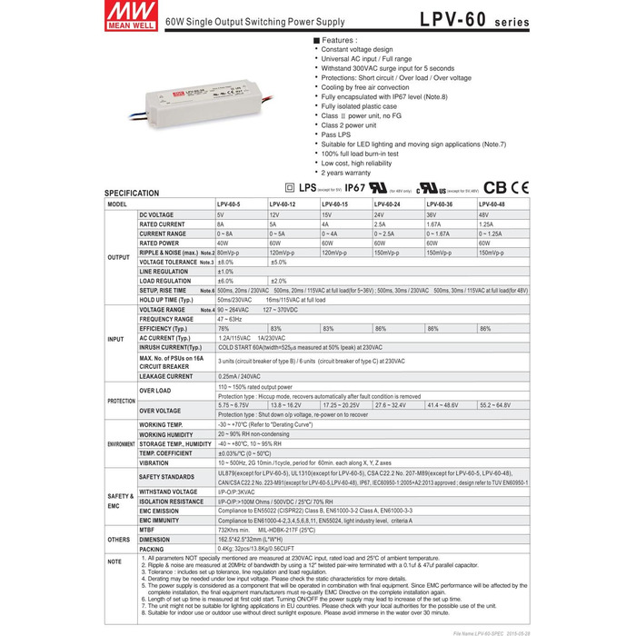 Світлодіодний імпульсний блок живлення 15V 4A 60W IP67 Class2, 60-15