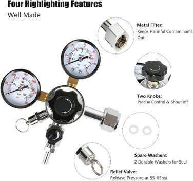 Редуктор тиску Регулятор тиску, CO2 Головний редуктор тиску Подвійний манометр W21.8 Регулятор тиску CO2 для обладнання для дозування, пивоваріння, обладнання для розливу пива