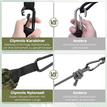 Ультралегкий гамак для подорожей Glymnis з підвісними тросами та сталевими карабінами, вантажопідйомність до 300 кг