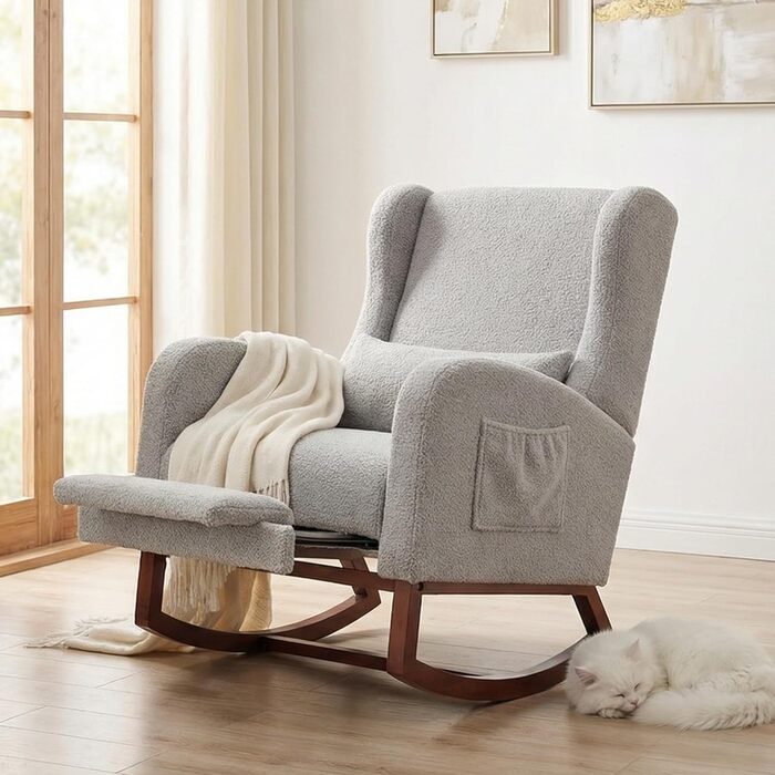 Крісло-гойдалка з підставкою для ніг, крісло-гойдалка, м&39яке крісло для годування з дерев&39яними ніжками та боковими кишенями, крісло для годування з високою спинкою для вітальні, спальні, дитячої кімнати (оксамитовий світло-сірий)