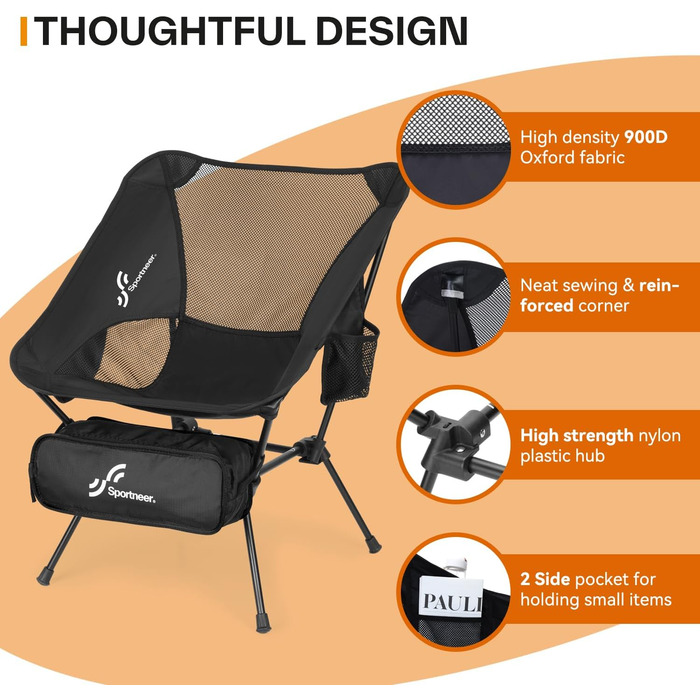 Складаний кемпінговий стілець Sportneer, портативний кемпінговий стілець, вантажопідйомність 150 кг, надлегкий, маленький складний стілець із сумкою для пікніків, активного відпочинку на свіжому повітрі, походів, 1 чорний