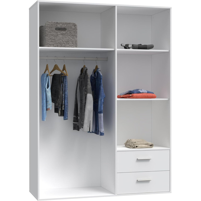 Шафа 140 150, біла шафа, шафа з орними дверима, 3 двері, з 2 шухлядами та полицями, біла, 145 см завширшки x 53 см завглибшки x 200 см заввишки. Біла 145 x 200 x 53 см, 3 двері