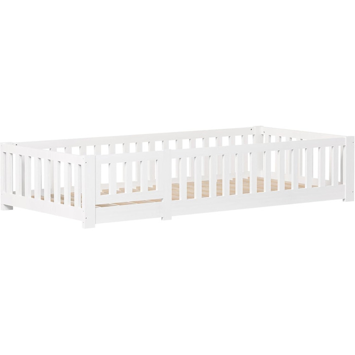 Підлогове ліжко 90x200 см дитяче ліжко із захистом від падіння та рейковою основою, дитяче ліжко Монтессорі, масив сосни, білий (Білий, 90 x 200 см) Білий 90 x 200 см