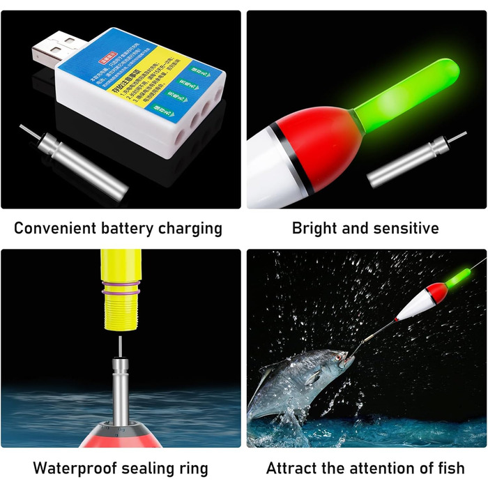У комплекті 3 світлодіодні поплавці для риболовлі, світлодіодні поплавці для риболовлі із зарядним пристроєм і 5 акумуляторами, світлодіодні поплавці для риболовлі, поплавці для риболовлі з датчиком сили тяжіння та основою, набір поплавців для риболовлі, 